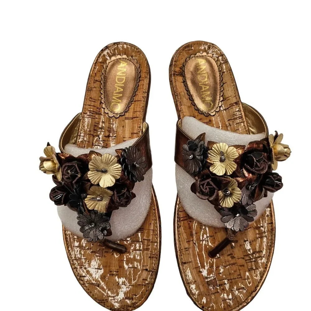 Andiamo Sandals Women Sz 8.5 Slide New Floral Bronze Black Cork Look Metallic - Picture 3 of 11